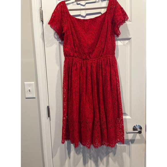 Express Dresses & Skirts - Express Red Floral Lace Off Shoulder Fit & Flare Cocktail Dress Large